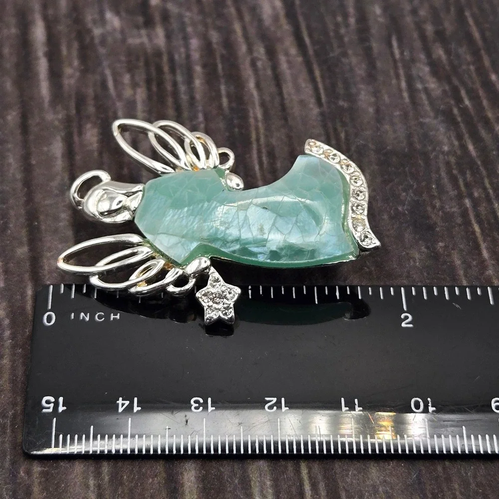 Liz Claiborne LC Vintage Angel Brooch Silver Tone Green Crackle Glass Rhinestone